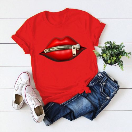 2022 sourcing hot style women's cotton t-shirt lip printing plus size women's multicolor