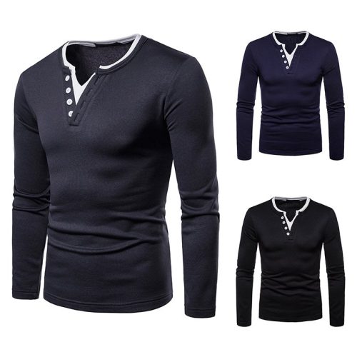 Cross-border men's plus size plus velvet warm henley collar long-sleeved T-shirt bottoming shirt Q137