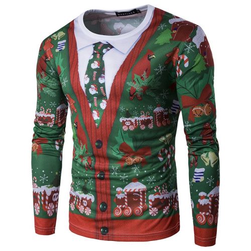 Foreign trade new Christmas tree 3D fake two tie printing fashion men's 3D long-sleeved T-shirt CT293