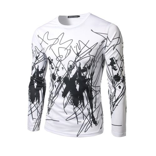 Foreign trade new style men's personality black and white with abstract 3D three-dimensional printing long-sleeved round neck T-shirt CT117