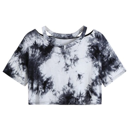 Ink printing gradient mercerized cotton V-neck short T-shirt