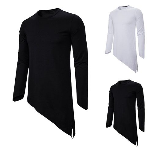 Men's long-sleeved T-shirt Irregular hem Pointed hem long-sleeved T-shirt bag hand design Casual T-shirt XH11