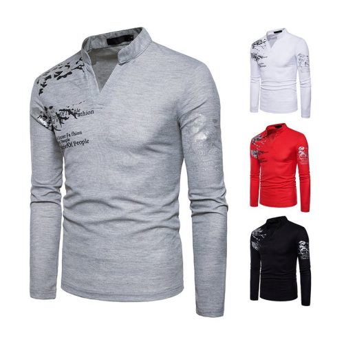 New Fashion Men's Henry Collar Long Sleeve Print T-shirt Polo Shirt B139