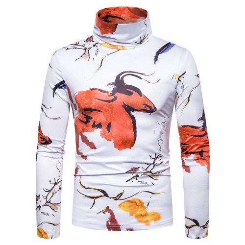 New men's large size 3D animal ink print high neck long sleeve T-shirt bottoming shirt L11