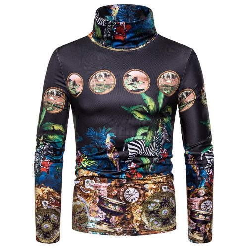 New men's large size 3D retro pattern printing high neck long sleeve T-shirt bottoming shirt L31
