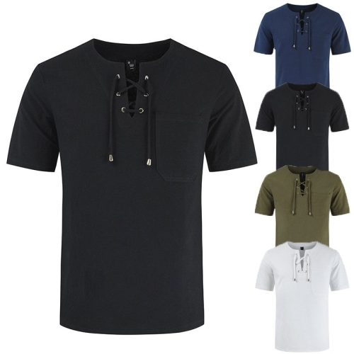 New summer men's casual men's short-sleeved T-shirt cotton and linen lace casual fashion T-shirt