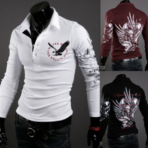 Spot hot selling eagle tattoo printing men's long-sleeved lapel men's long-sleeved T-shirt 011